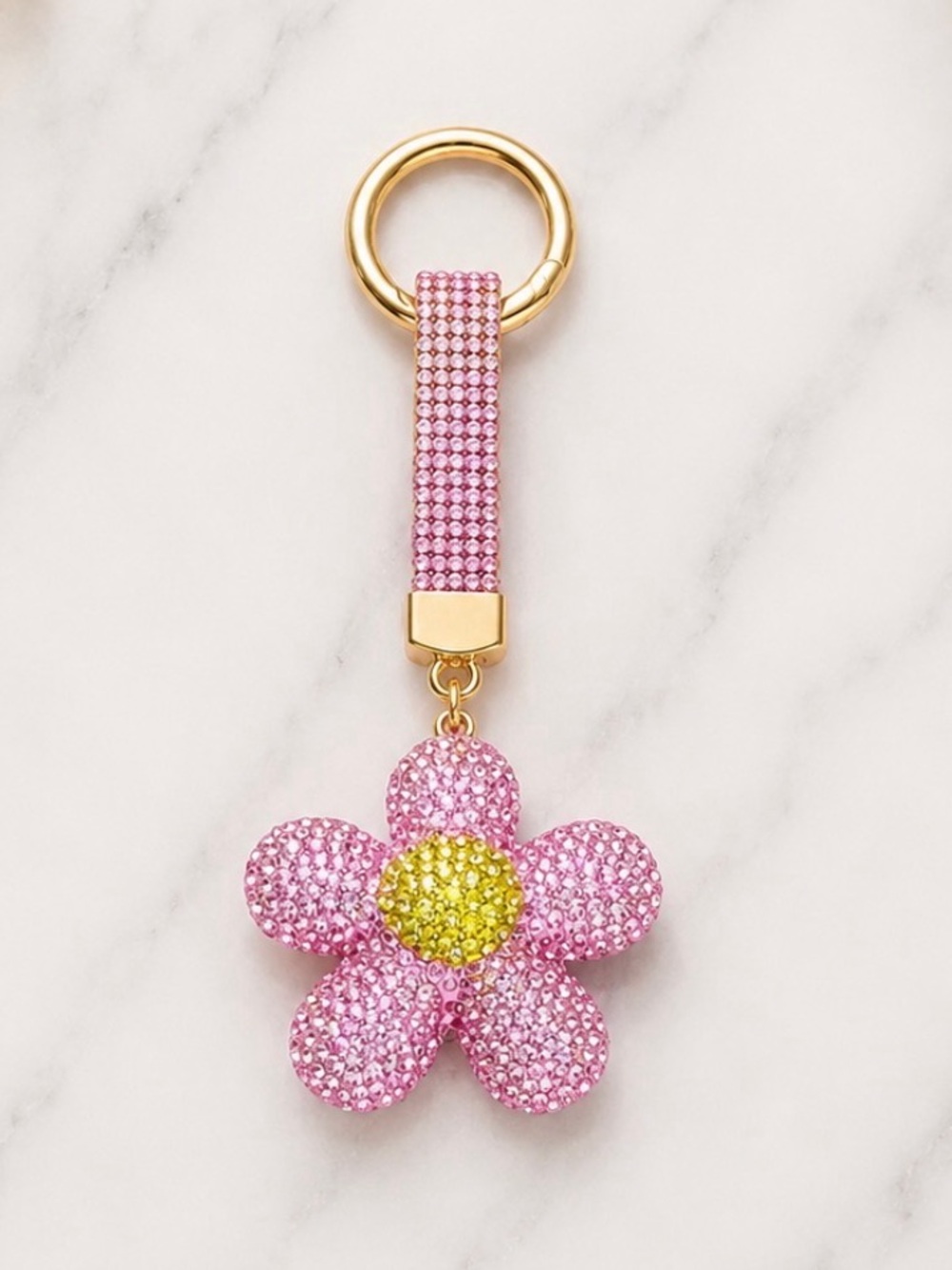 Bag Charm/Keyring-Pink Rhinestone Daisy with Yellow Stone Center-Gold Hardware